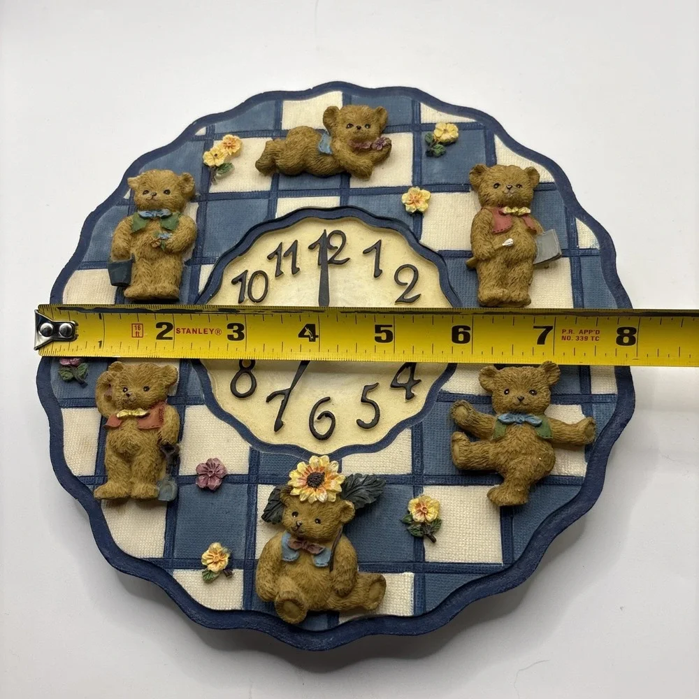 Vintage Resin Teddy Bear Kids Nursery Wall Hanging Clock Blue Check Not Working‎